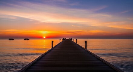 Obraz premium Scenic Ocean Sunset View from a Wooden Pier with Warm Color Palette