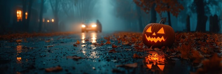 Glowing Jack-o'-Lantern On Foggy Autumn Road