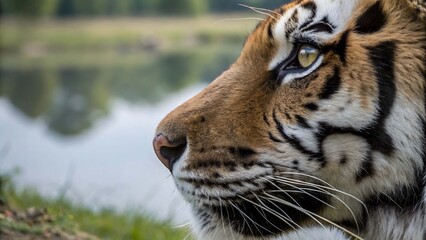 Fototapeta premium Extreme close up of a tiger's face showing its eye and striped fur animal wildlife
