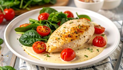 Grilled chicken breast with spinach and cherry tomatoes