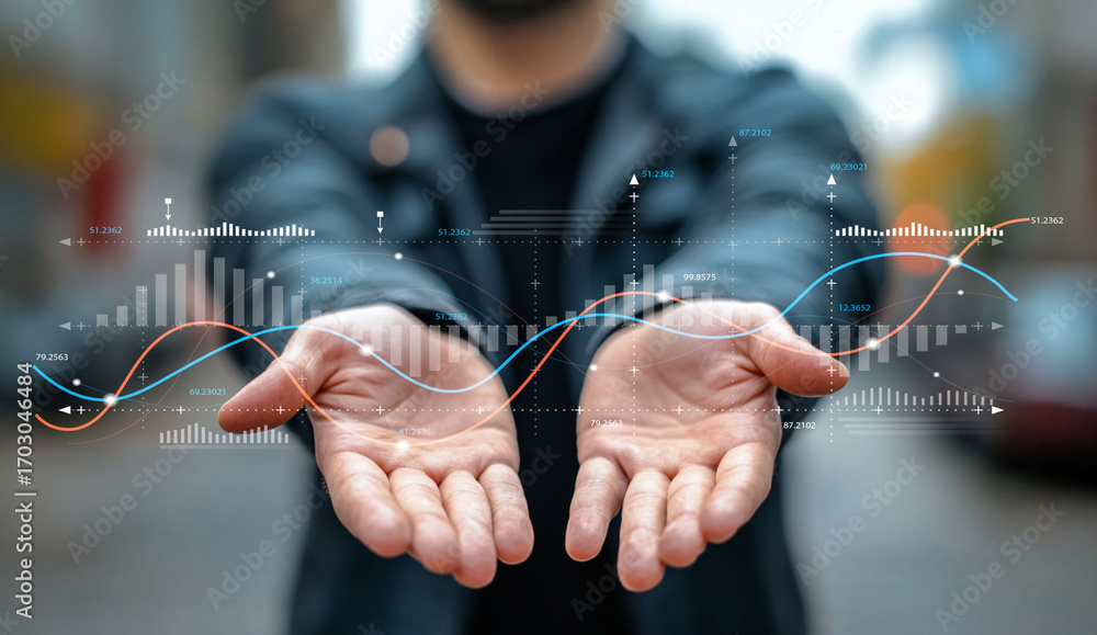 Poster hands reaching out with digital graphs overlaid in urban setting, symbolizing data analysis and busi