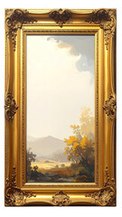 Golden-framed landscape painting.  A serene, light-filled view of rolling hills.  Soft colors, hinting at autumn