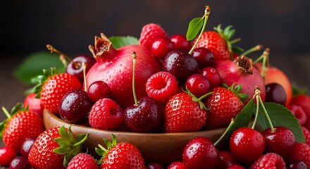 Red Berries and Pomegranate in Wooden Bowl.