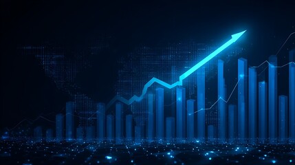 Futuristic blue graph with upward arrow showing financial growth and data analysis on a dark background