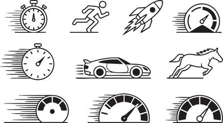 Nine Icons Representing Speed, Time, and Motion Keywords: speed, fast, motion, time, stopwatch, running, rocket, car, car speedometer, horse, race