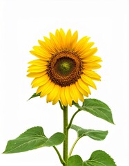 Vibrant Sunflower Blossom with Yellow Petals and Green Leaves Isolated on White