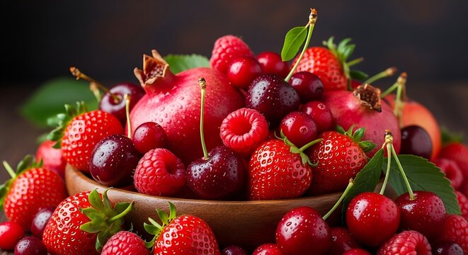 Red Berries and Pomegranate in Wooden Bowl.