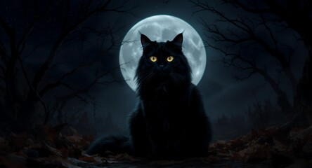 Black Cat Sitting Under a Full Moon in a Dark Forest at Night