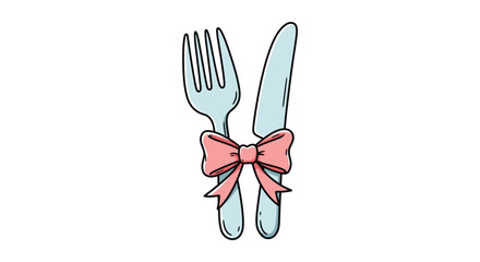 a fork and knife tied together with a pink ribbon