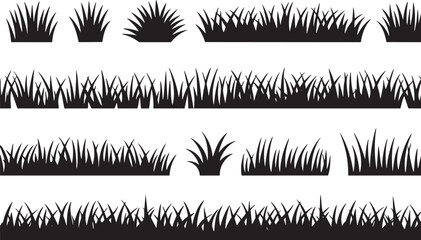 Seamless black silhouette illustrations of grass borders in various styles and densities vector illustration