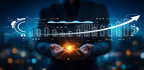 Businessman Holding Light Symbolizing Growth and Innovation with Digital Data Visualization of Progress and Technology in a Modern Urban Environment