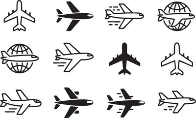Set of Airplane Icons in Different Styles and Poses aircraft flight