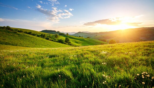 Idyllic summer landscape of a rolling green meadow under warm afternoon light, with the sun setting beautifully over distant hills