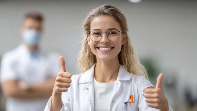 Medical Professional's Upbeat Confirmation: A cheerful female medical professional, wearing glasses and a lab coat, gives a double thumbs-up with a colleague in the background, suggesting health.