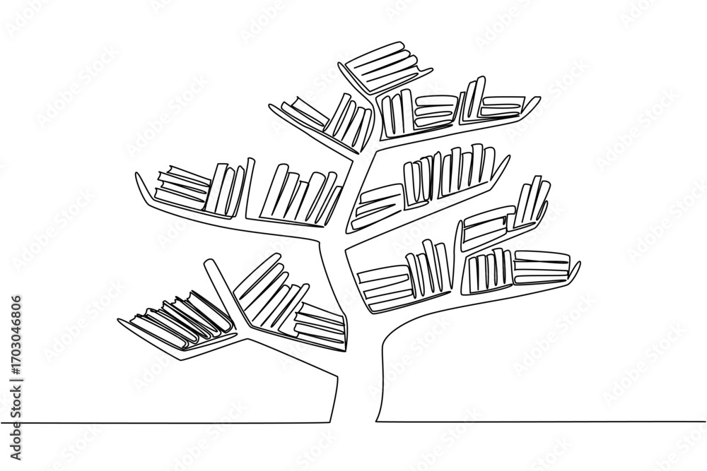 Aufkleber continuous one line drawing tree shaped bookshelf with several stacks of books on its branches. educ