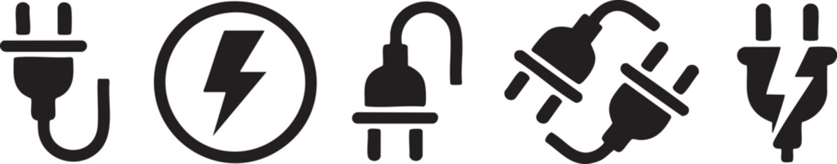 Set of Black Electric Plugs and Power Socket Icons with Lightning Bolt Symbol electricity