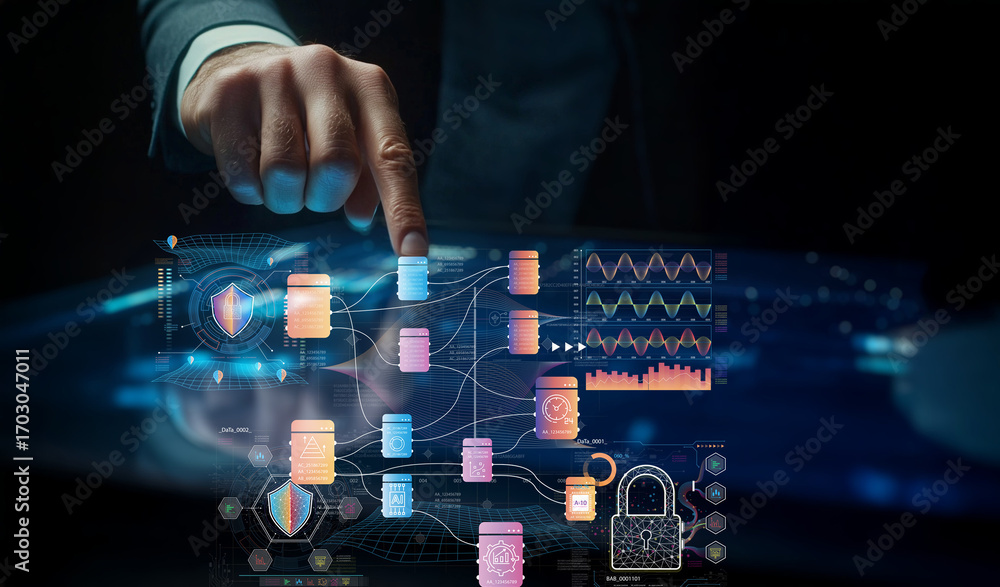 Poster businessman interacting with digital data visualization, highlighting security and network analysis 