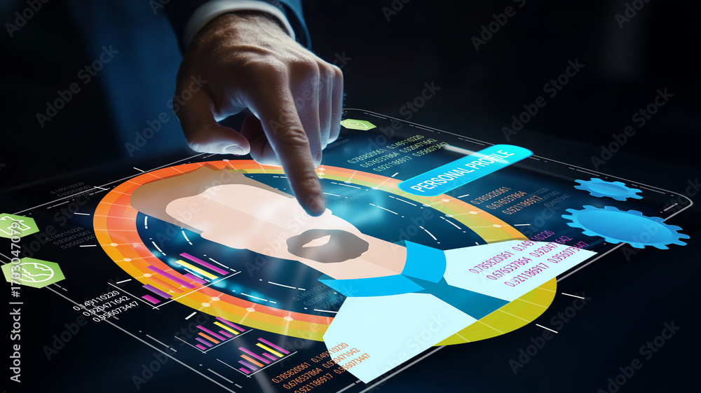 Poster professional digital interface with analytics, business data insights, touch interaction, contempora