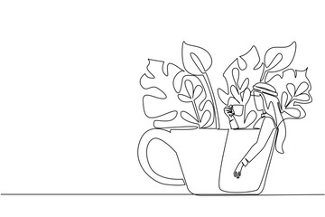 Single one line drawing man wearing turban holding a cup while soaking and leaning on the cup. Take a moment to pamper itself. Leisure. Soaking Inside Cup. Continuous line design graphic illustration
