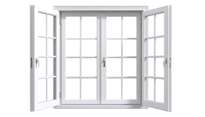 White double-hung window, open, with a grid pattern