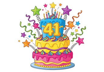 Cartoon birthday cake with candles and stars