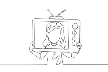 Single continuous line drawing a girl holding an old television made of cardboard. Playing the role of a child artist on old school television. Inside Television. One line design vector illustration