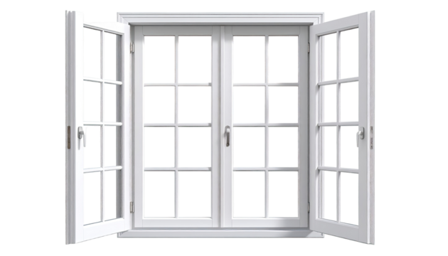 White double-hung window, open, with a grid pattern