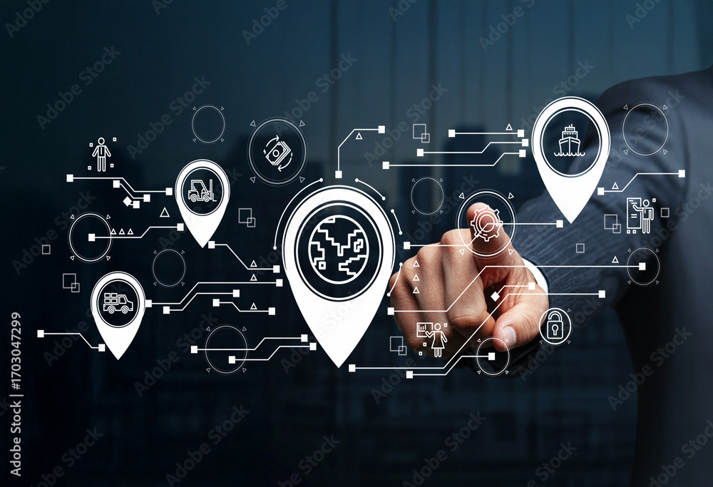 Poster businessman pointing at digital interface with location pins and technology icons representing data,