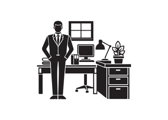 Confident Businessman Silhouette Standing at Desk with Computer, Monochrome, Professional, Corporate Image.