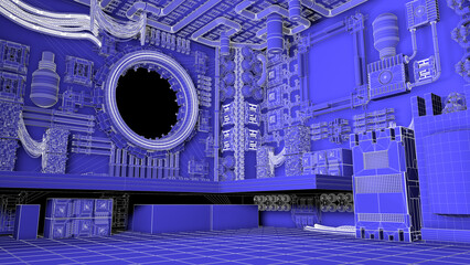 3D rendering of a fantasy cyberpunk environment illustrated in blueprint style with intricate detail of white lines and blue base color