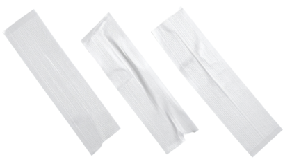 Three strips of white adhesive tape, angled and torn, isolated on black