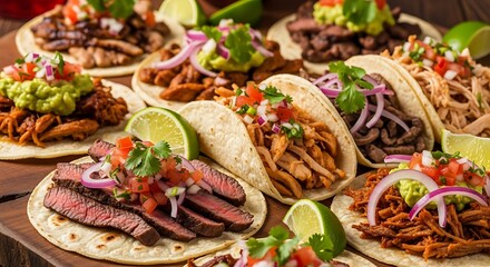 Fototapeta premium Assortment of Delicious Tacos with Various Fillings and Toppings.