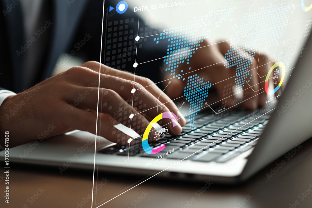 Poster business professional analyzing data on laptop with digital graphs and charts overlaid, showcasing g