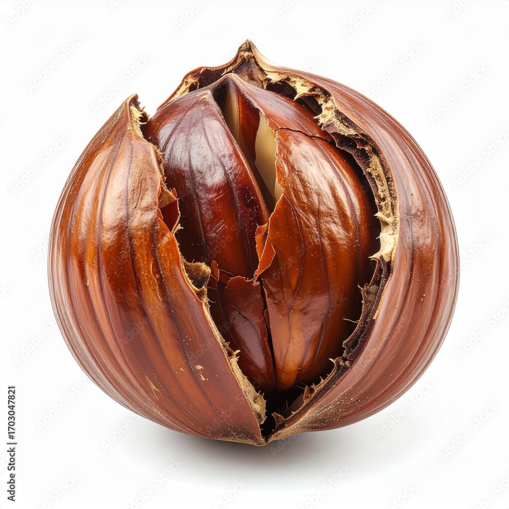 Poster close up of hazelnut with brown shell isolated on white background in studio shot