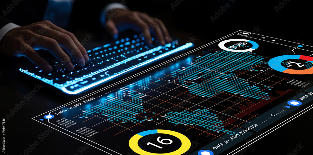 Poster futuristic data analysis interface with hands on keyboard for digital technology and business insigh