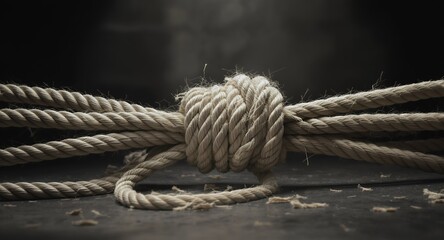 Fototapeta premium Close-up of a complex knot tied in thick natural fiber rope, studio shot with dark background