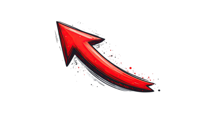 Bold red arrow curving upward, digitally stylized, with textured edges and pixelated effects
