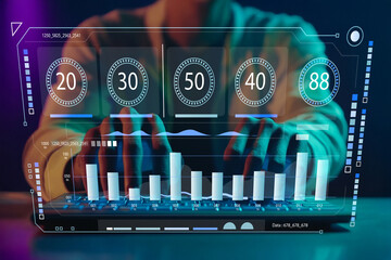Modern Data Analytics and Visualization Concept with Graphs and Charts Displayed on Touchscreen Interface for Business Insights and Strategic Planning