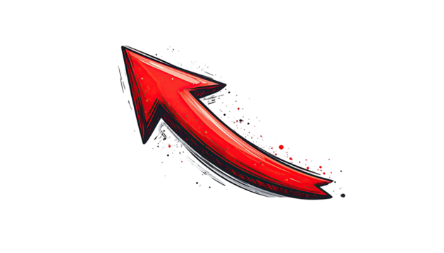 Bold red arrow curving upward, digitally stylized, with textured edges and pixelated effects