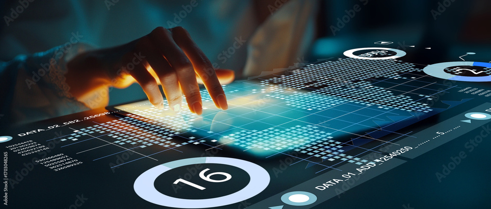 Poster user interacting with futuristic digital interface on tablet, displaying data visualization and touc