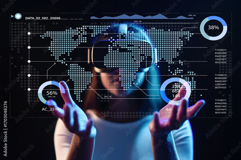 Poster woman using virtual reality headset with futuristic data and world map interface in dark environment