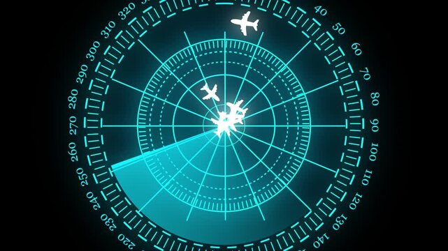 Aircraft has crashed so the radar is seen and up down and the emergency landing ,Aircraft signal and guidance radar. Radar animation with black background for flight control. Radar icon animation.4k