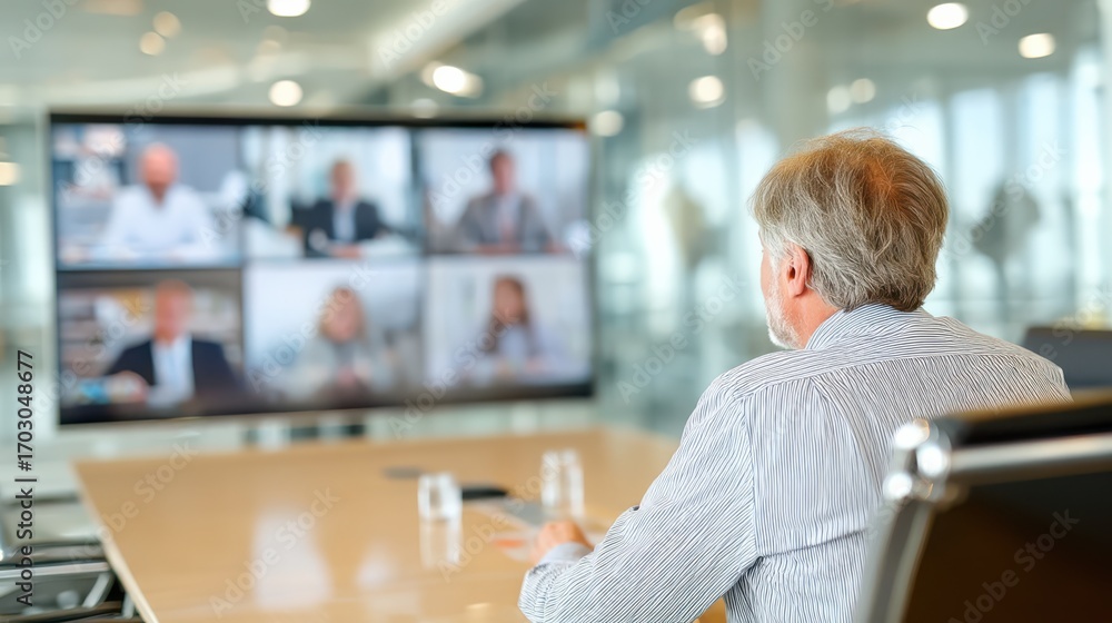 Poster a man in a modern office participates in a video conference with multiple colleagues displayed on a 