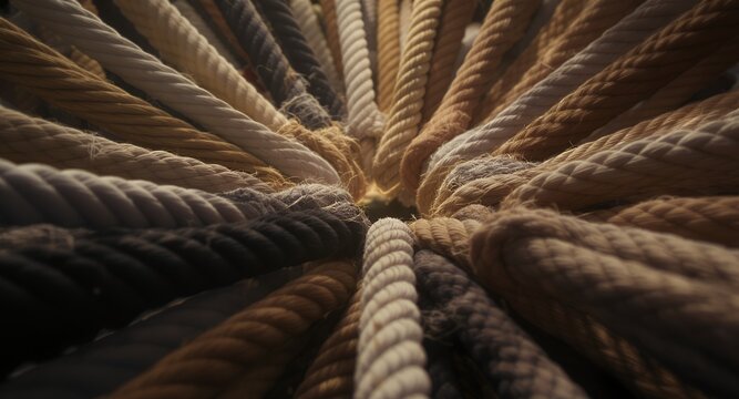 Close-up of many thick ropes arranged in a circular pattern, showcasing various colors and textures of twisted fibers.