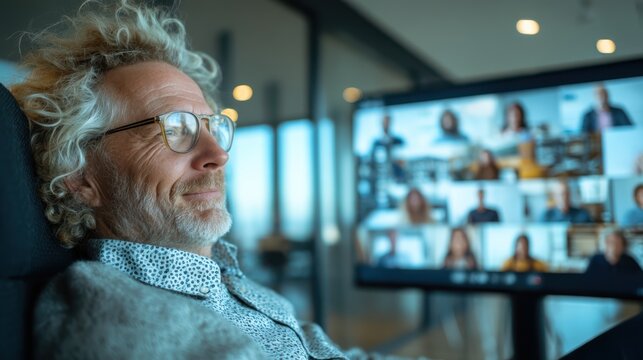 A mature man with glasses and curly hair participates in a video conference with multiple colleagues on a large screen in a modern office setting.