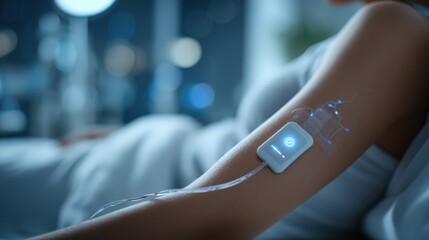A futuristic wearable medical device on a person's arm monitors health data through wireless technology in a high-tech healthcare setting.