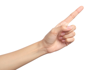 A light-skinned hand extends, index finger pointing right