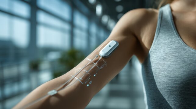 A person wearing a fitness sensor on their upper arm, with digital circuit lines illustrating biometric data tracking.