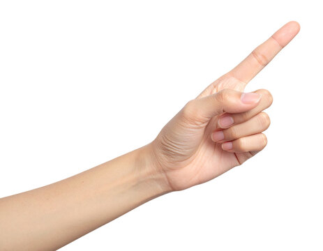 A light-skinned hand extends, index finger pointing right - Powered by Adobe