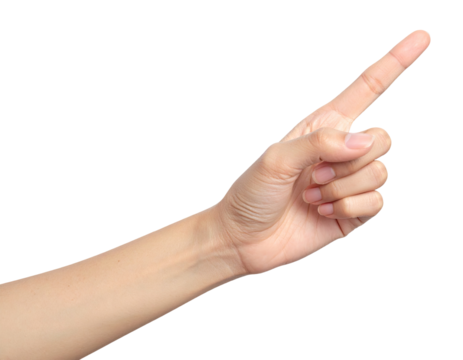 A light-skinned hand extends, index finger pointing right